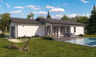 Bungalowprojekt mit Doppelgarage und lichtdurchflutetem Wohnraum mit Oberlichtern.